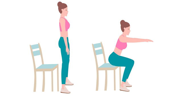Sentadillas apoyadas en silla que ayudan a fortalecer las piernas y mejorar la movilidad diaria.