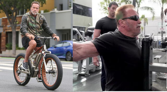 Arnold Schwarzenegger durante una de sus rutinas diarias de ejercicio, que incluyen bicicleta y entrenamiento con pesas.